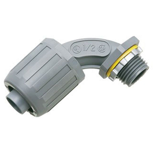 Liquidtight-Non-Metallic 90 Degrees Connector-For Type B Conduit; 1 In.; UV-Rated Plastic; Push-On; Gray