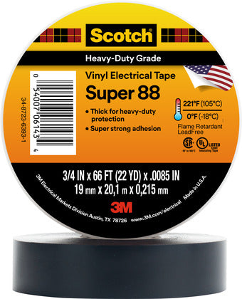 88-SUPER-3/4X66FT Professional Electrical Tape, Black, 3/4" x 66', 8.5 mil