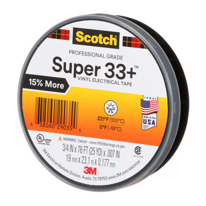 33+-3/4X76FT-1 Electrical Tape, Vinyl, Color Coded, 3/4" x 76', Black