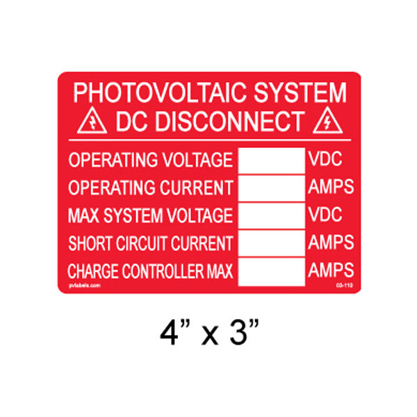 Solar Labels; DC Disconnect; 4 L x 3 W In.; Red; 3/8 In.
