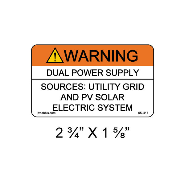 Solar Labels; Dual Power Supply Warning; 2-3/4 L x 1-5/8 W In.; Orange