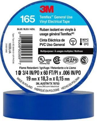 165BL4A General Use Vinyl Electrical Tape, Multi-Purpose, Blue, 3/4" x 60'