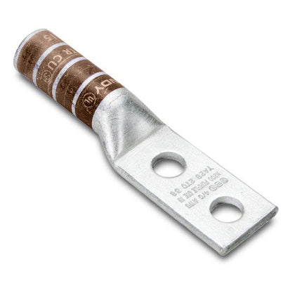 YA2C2TC38 Compression Lug, Copper, 2 Hole 3/8", Long Barrel, 2 AWG