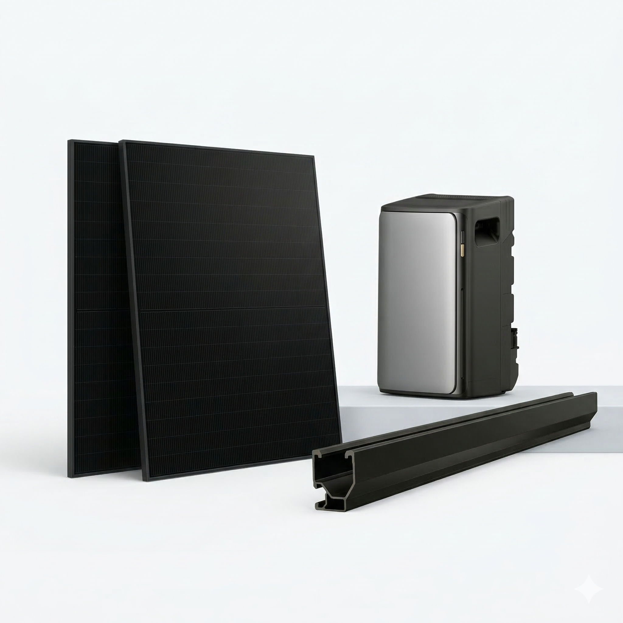 Complete EcoFlow Stream Ultra 1200W solar kit featuring four Hyundai 435W TOPCon black panels and Pegasus shingle roof racking on a white background.