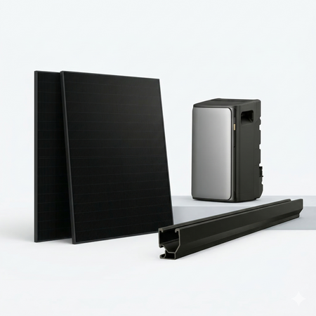 Complete EcoFlow Stream Ultra 1200W solar kit featuring four Hyundai 435W TOPCon black panels and Pegasus shingle roof racking on a white background.