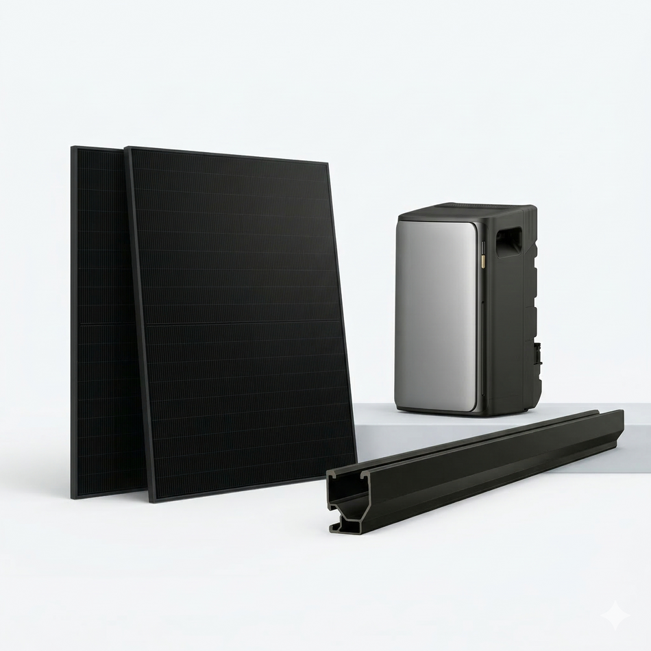 Complete EcoFlow Stream Ultra 1200W solar kit featuring four Hyundai 435W TOPCon black panels and Pegasus shingle roof racking on a white background.