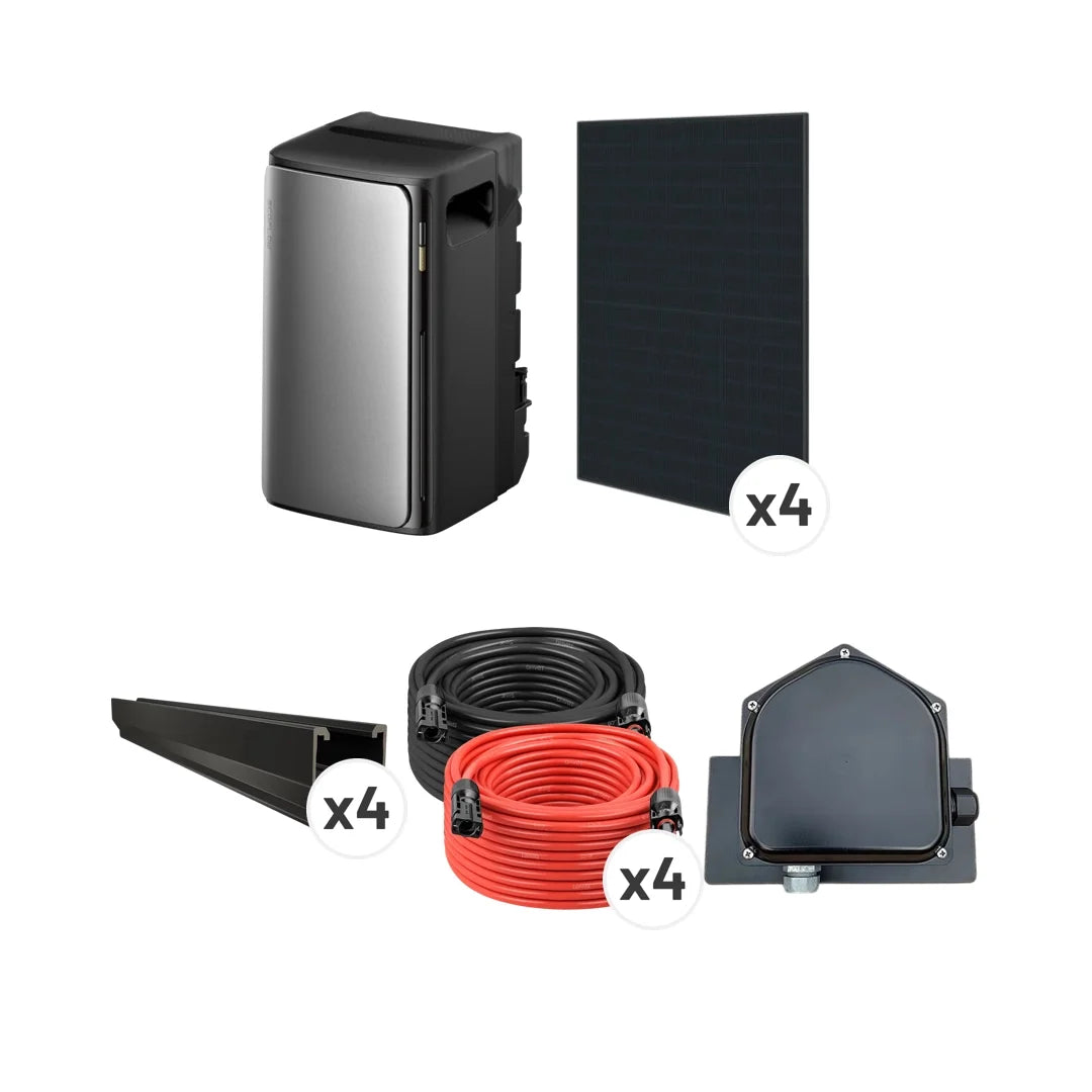 Complete EcoFlow Stream Ultra Kit with four black panels and Pegasus shingle roof racking.