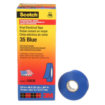 35-BLUE-3/4X66FT Color Coding Electrical Tape, Vinyl, Blue, 3/4" x 66'