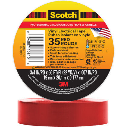 35-RED-3/4X66FT Color Coding Electrical Tape, Vinyl, Red, 3/4" x 66'
