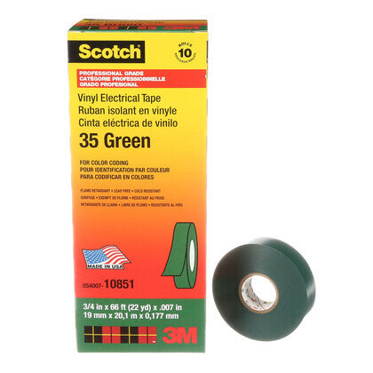 35-GREEN-3/4X66FT Color Coding Electrical Tape, Vinyl, Green, 3/4" x 66'