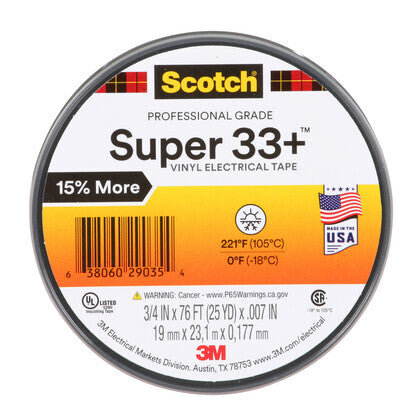 33+-3/4X76FT-1 Electrical Tape, Vinyl, Color Coded, 3/4" x 76', Black