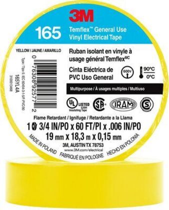 165YL4A General Use Vinyl Electrical Tape, Multi-Purpose, Yellow, 3/4" x 60'